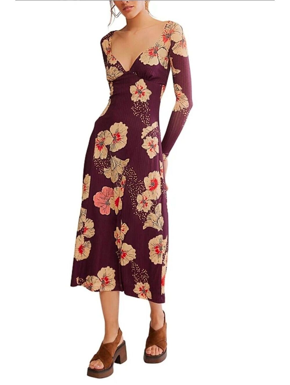 $168- Sz.L -Free People Calla Floral Print Long Sleeve V-Neck- NWT